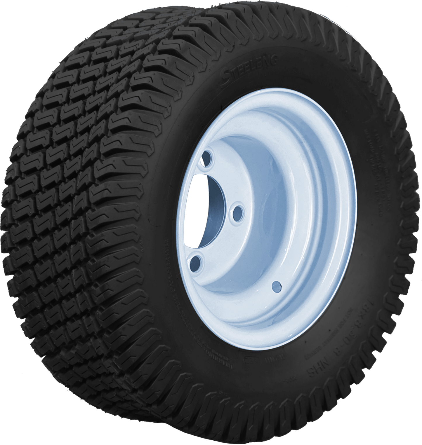 8 INCH WHEEL AND TIRE SET OF 4 BNDL-TR0802-SW0802 – SGC 8″ Steel Wheel – White / STEELENG 18″x8.5″-8″ Turf Tire