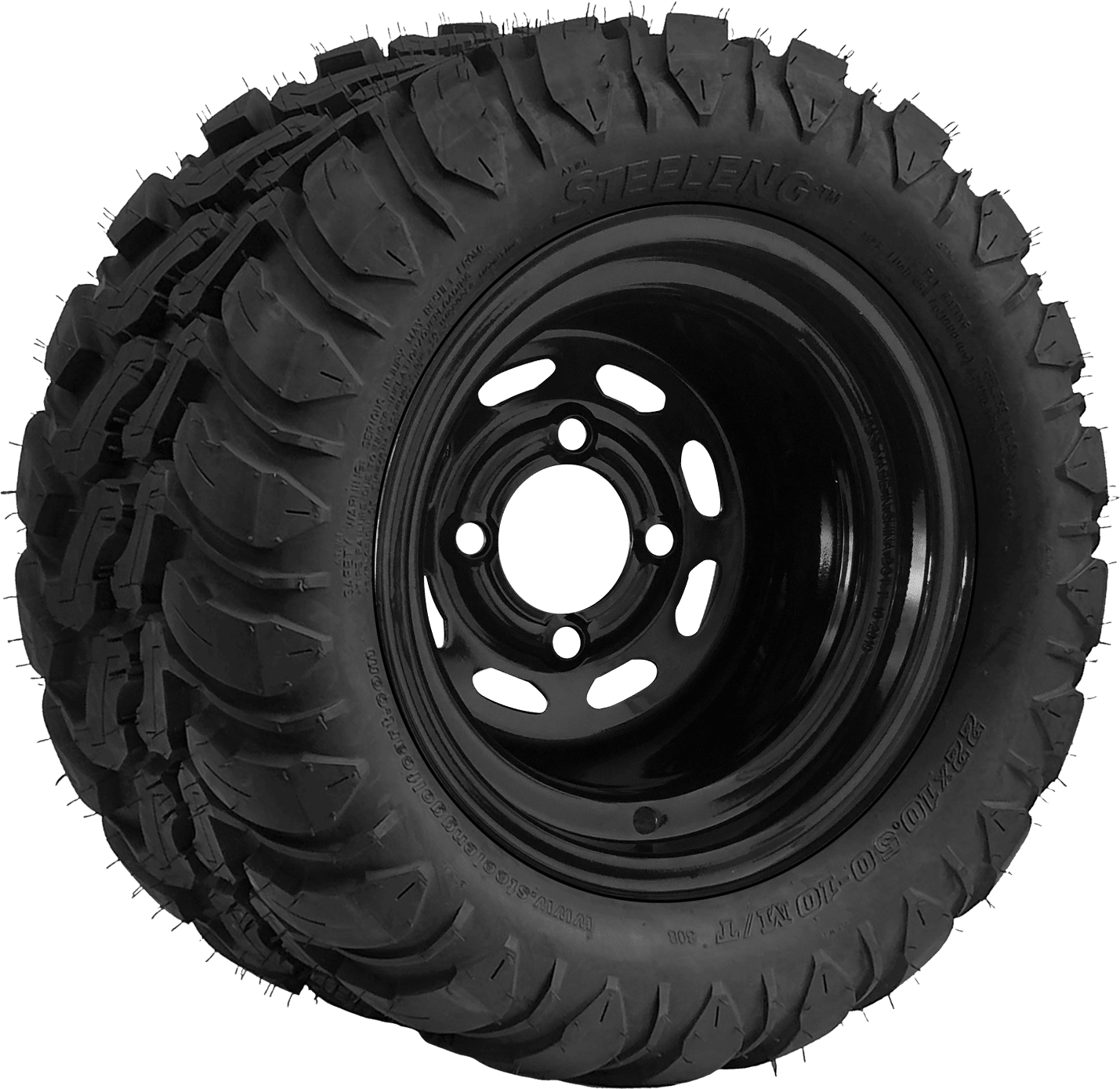 WHEEL AND TIRE SET OF 4 BNDL-TR1003-SW1001 – SGC 10″ Steel Wheel – Black – Slotted / STEELENG 22″x10.5″-10″ Mud Terrain Tire