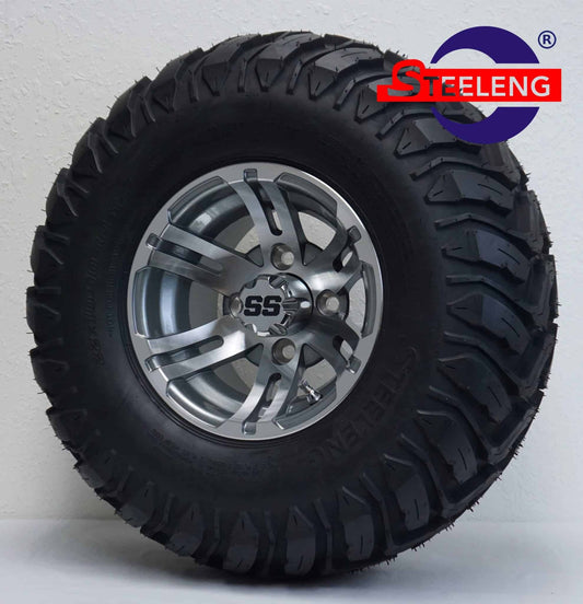 GOLF CART WHEEL AND TIRE SET OF 4 BNDL-TR1003-WH1003-LN0001-CC0001 – SGC 10″ Bulldog Machined/Gunmetal Wheel – Aluminum Alloy / STEELENG 22″x10.5″-10″ Mud Terrain