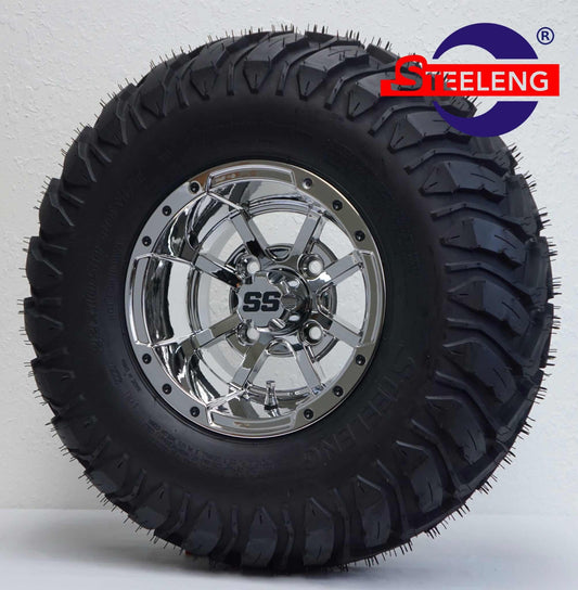 GOLF CART WHEEL AND TIRE SET OF 4 SGC 10″ Storm Trooper Chrome Wheel – Aluminum Alloy / STEELENG 22″x10.5″-10″ Mud Terrain