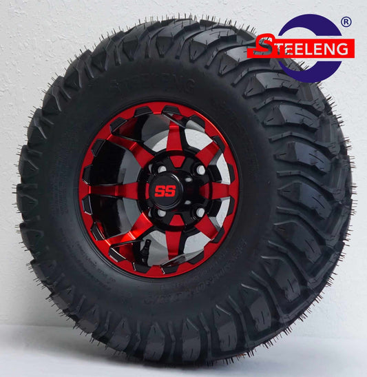 GOLF CART WHEEL AND TIRE SET OF 4 SGC 10″ Vortex Red/Black Wheel – Aluminum Alloy / STEELENG 22″x10.5″-12″ STINGER All Terrain Tire DOT approved
