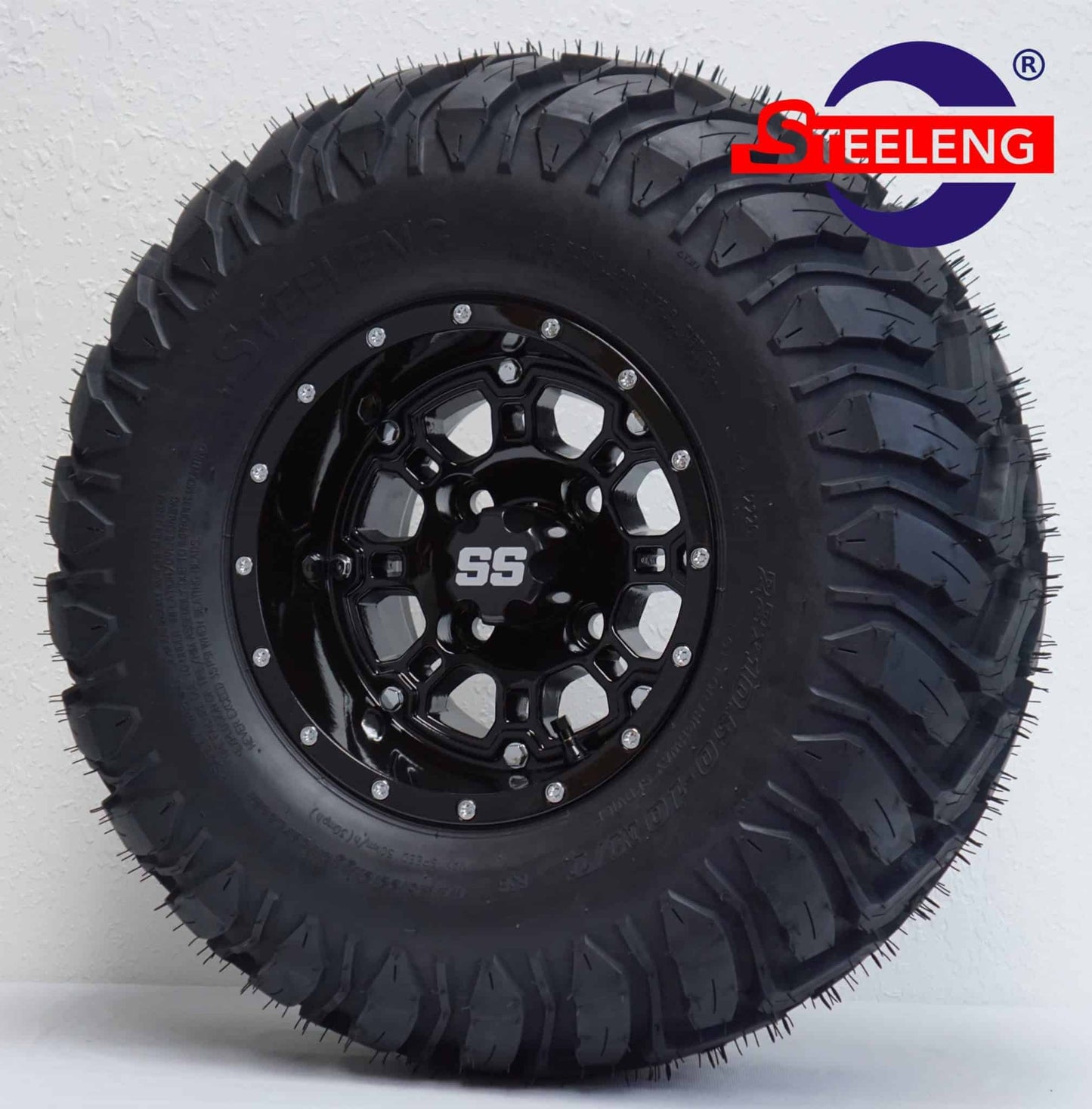 GOLF CART WHEELS AND TIRES SET OF 4 BNDL-TR1003-WH1007- LN0005-CC0002 – SGC 10″ Panther Glossy Black Wheel – Aluminum Alloy / STEELENG 22″x10.5″-10″ Mud Terrain