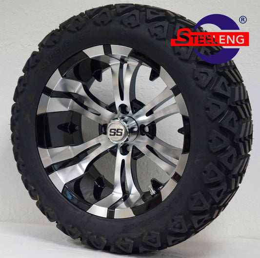 15 INCH GOLF CART WHEELS AND TIRES SET OF 4  BNDL-TR1501-WH1501-LN0001-CC0001 – SGC 15″ Vampire Machined/Black Wheel – Aluminum Alloy / STEELENG 23″x10″-15″ AT Tire DOT approved