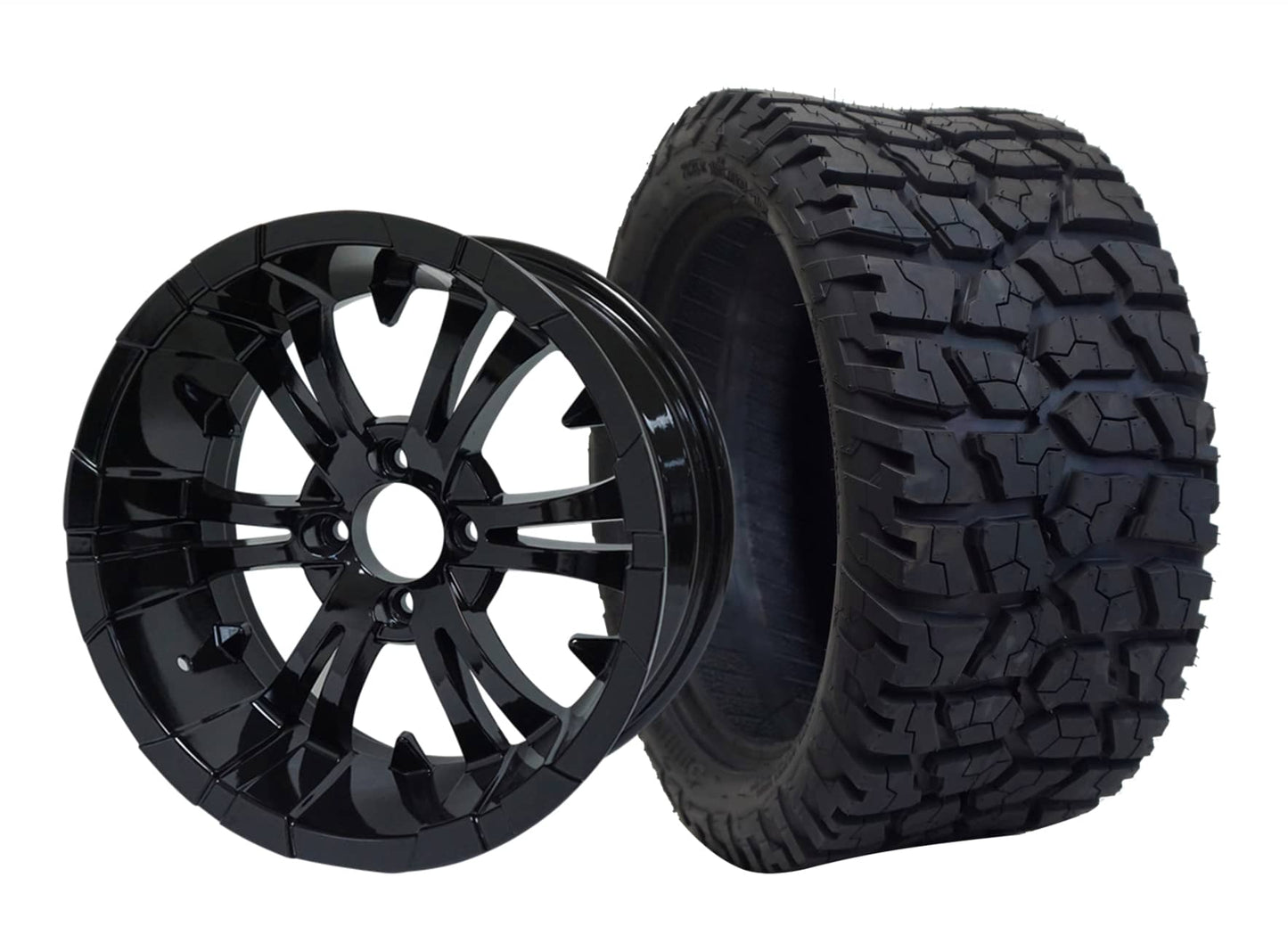 15 INCH GOLF CART WHEELS AND TIRES SET OF 4  BNDL-TR1502-WH1502-LN0002-CC0002 – SGC 15″ Vampire Glossy Black Wheel – Aluminum Alloy / STEELENG 23″x10″-15″ GATOR AT Tire DOT Approved