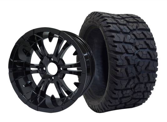 15 INCH GOLF CART WHEELS AND TIRES SET OF 4  BNDL-TR1502-WH1502-LN0002-CC0002 – SGC 15″ Vampire Glossy Black Wheel – Aluminum Alloy / STEELENG 23″x10″-15″ GATOR AT Tire DOT Approved