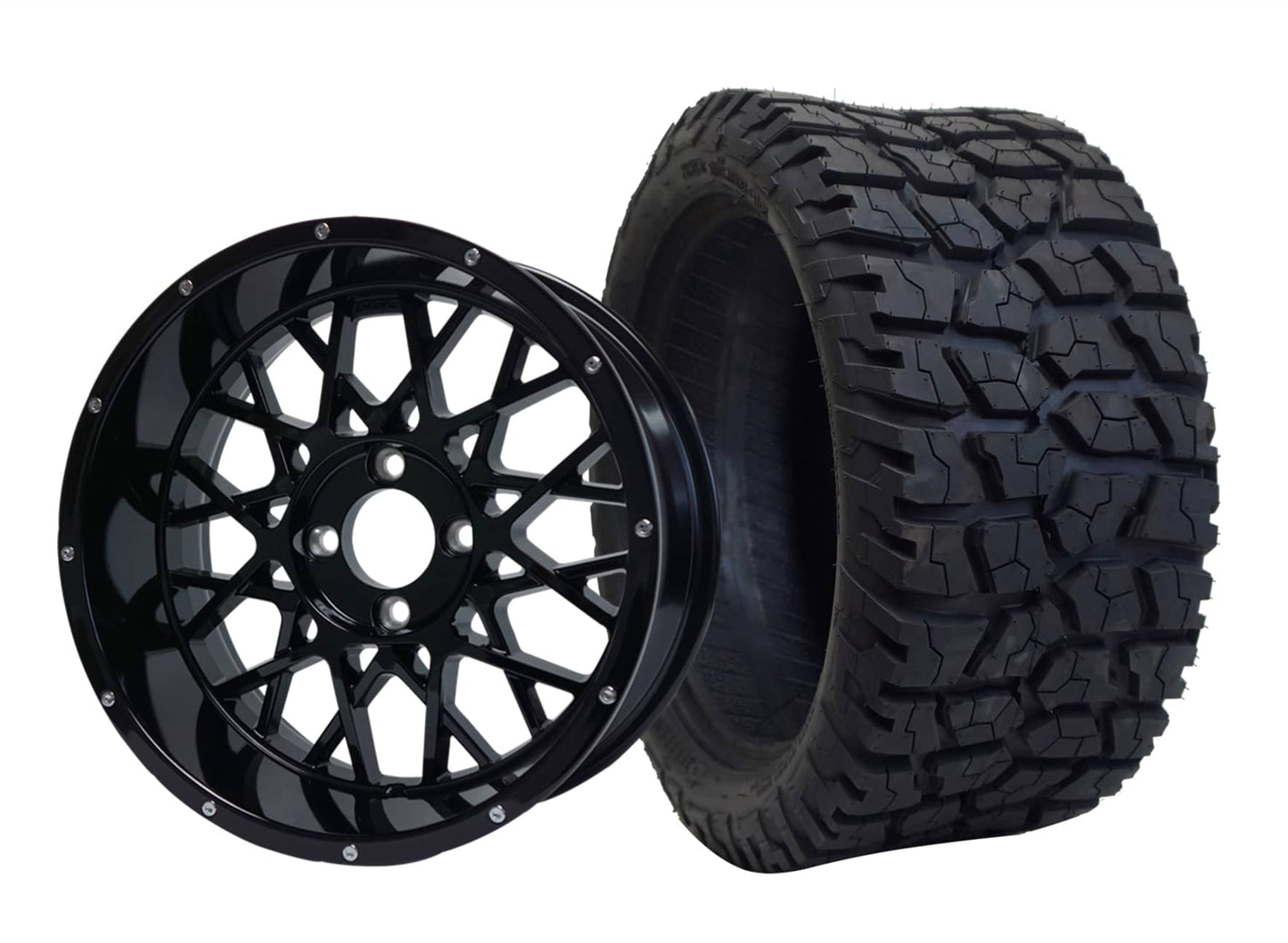 15 INCH WHEEL AND TIRE SET OF 4 BNDL-TR1502-WH1504-LN0005-CC0002 – SGC 15″ Venom Glossy Black Wheel – Aluminum Alloy / STEELENG 23″x10″-15″ GATOR AT Tire DOT Approved