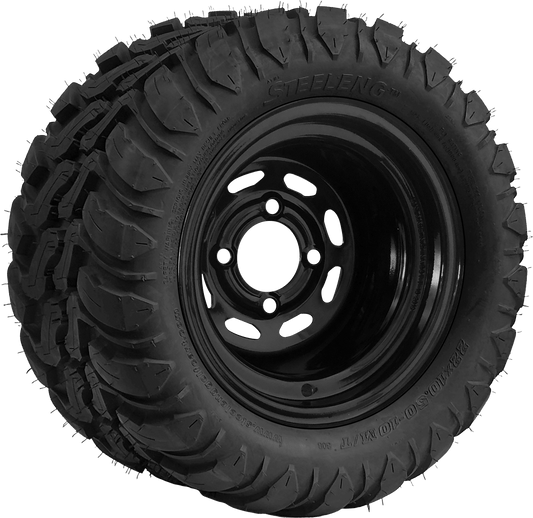 WHEEL AND TIRE SET OF 4 BNDL-TR1003-SW1001 – SGC 10″ Steel Wheel – Black – Slotted / STEELENG 22″x10.5″-10″ Mud Terrain Tire