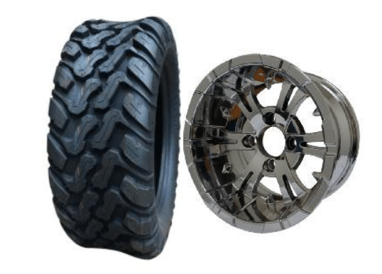 GOLF CART WHEELS AND TIRES BNDL-TR1003-WH1020-CC0001-LN0001 BNDL-TR1003-WH1020-LN0001-CC0001 – SGC 10″ Vampire Chrome Wheel – Aluminum Alloy / STEELENG 22″x10.5″-10″ Mud Terrain set of 4