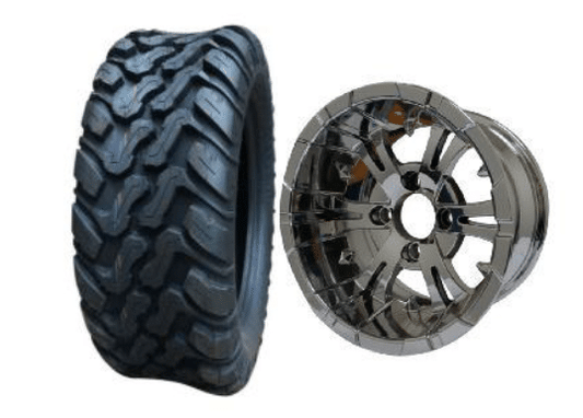 GOLF CART WHEELS AND TIRES BNDL-TR1003-WH1020-CC0001-LN0001 BNDL-TR1003-WH1020-LN0001-CC0001 – SGC 10″ Vampire Chrome Wheel – Aluminum Alloy / STEELENG 22″x10.5″-10″ Mud Terrain set of 4