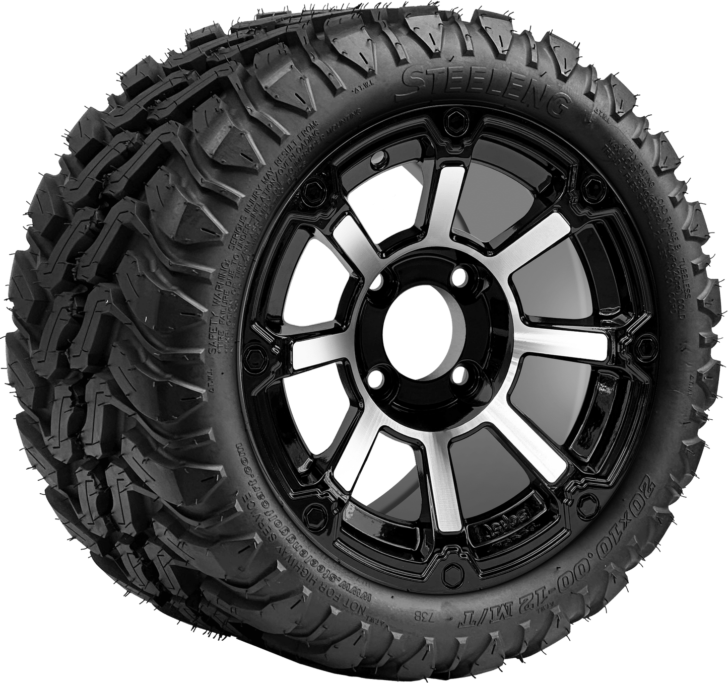 12″ PTP EXCLUSIVE GOLF CART WHEELS  Cyclops Machined/Black Wheel – Aluminum Alloy / STEELENG 20″x10″-12″ Mud Terrain Tire