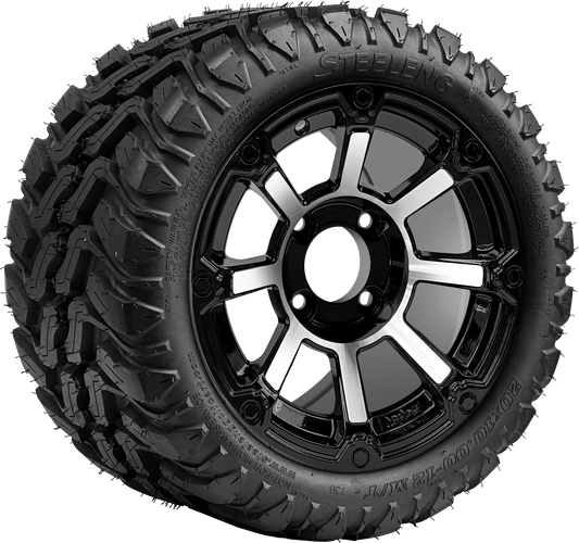 12″ PTP EXCLUSIVE GOLF CART WHEELS  Cyclops Machined/Black Wheel – Aluminum Alloy / STEELENG 20″x10″-12″ Mud Terrain Tire