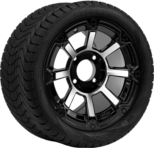 12″ PTP EXCLUSIVE GOLF CART  Cyclops Machined/Black Wheel – Aluminum Alloy / STEELENG 215/40-12 Low Profile Tire DOT Approved