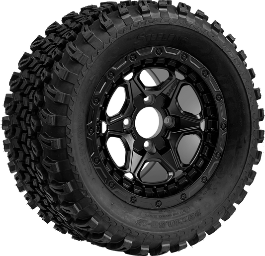 GOLF CART WHEELS AND TIRES BNDL-TR1205-WH1265-CC0024-LN0006 - SGC 12" Grizzly Matte Black Wheel - Aluminum Alloy / STEELENG 23?x10.5?-12? All Terrain Tire. SET OF 4