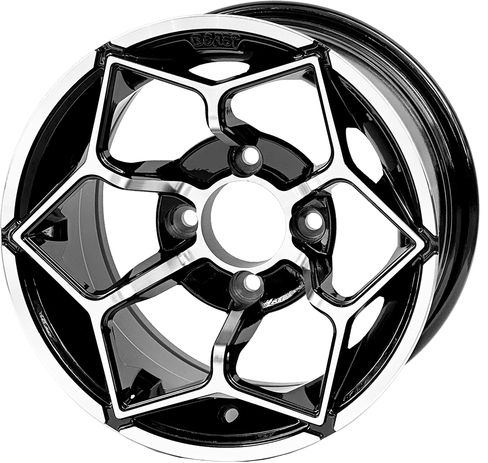 GOLF CART WHEEL AND TIRE SET of 4 BNDL-TR1201-WH1266-CC0025-LN0001 - SGC 12" Hammerhead Machined/Black Wheel - Aluminum Alloy / STEELENG 20"x10"-12" GECKO Street Tire