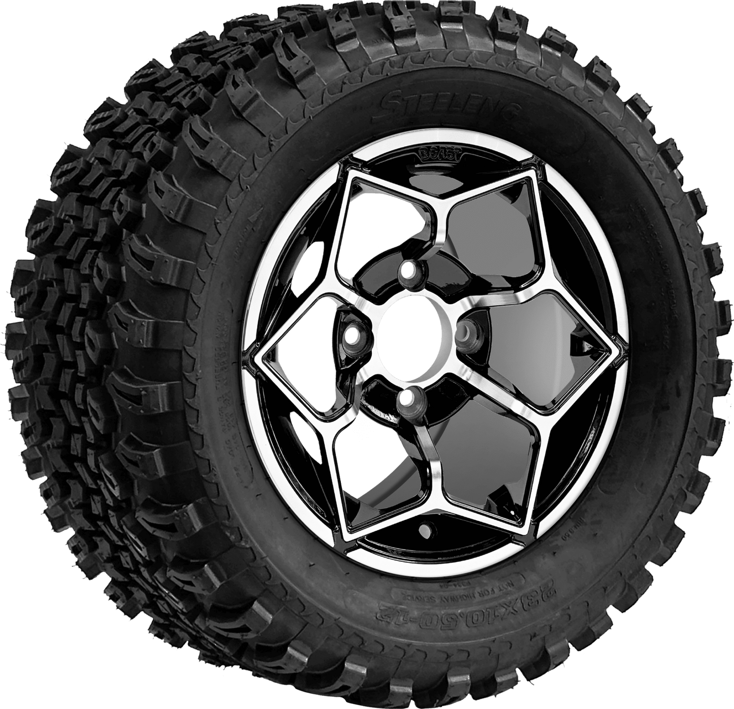 GOLF CART WHEELS AND TIRES BNDL-TR1205-WH1266-CC0025-LN0001 -SGC 12" Hammerhead Machined/Black Wheel - Aluminum Alloy / STEELENG 23?x10.5?-12? All Terrain Tire SET OF 4