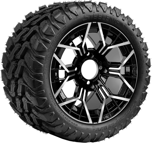 12″ PTP EXCLUSIVE GOLF CART  Mantis Machined/Black Wheel – Aluminum Alloy / STEELENG 20″x10″-12″ Mud Terrain Tire
