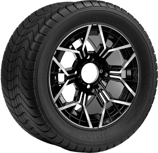 12″  PTP EXCLUSIVE GOLF CART Mantis Machined/Black Wheel – Aluminum Alloy / STEELENG 215/50-12 Comfort Ride Street Tire DOT Approved