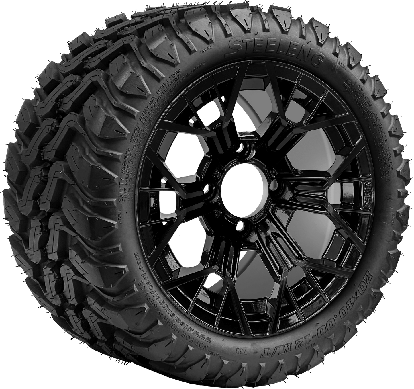 12″PTP EXCLUSIVE GOLF CART Mantis Glossy Black Wheel – Aluminum Alloy / STEELENG 20″x10″-12″ Mud Terrain Tire