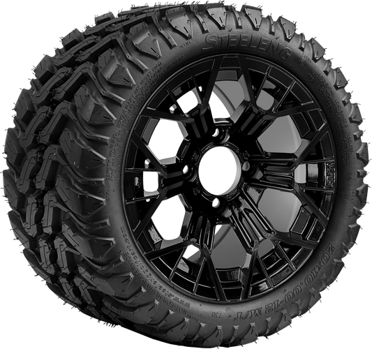12″PTP EXCLUSIVE GOLF CART Mantis Glossy Black Wheel – Aluminum Alloy / STEELENG 20″x10″-12″ Mud Terrain Tire