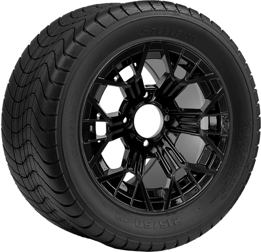 12″ PTP EXCLUSIVE GOLF CART  Mantis Glossy Black Wheel – Aluminum Alloy / STEELENG 215/50-12 Comfort Ride Street Tire DOT Approved
