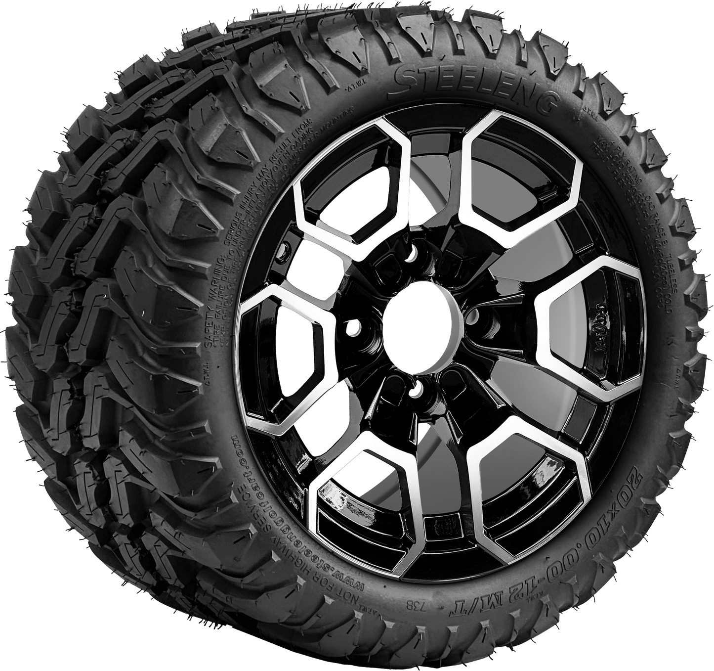12″ PTP EXCLUSIVE GOLF CART Talon Machined/Black Wheel – Aluminum Alloy / STEELENG 20″x10″-12″ Mud Terrain Tire