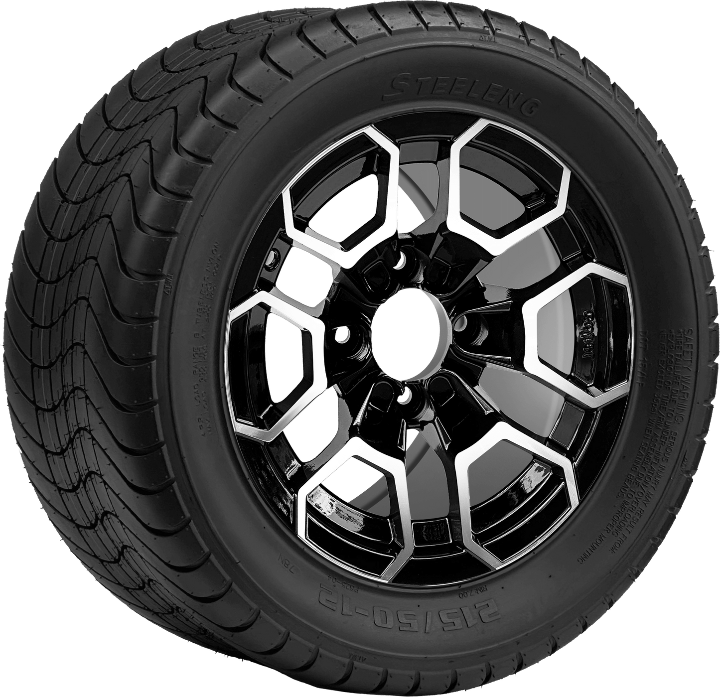 12″ PTP EXCLUSIVE GOLF CART Talon Machined/Black Wheel – Aluminum Alloy / STEELENG 215/50-12 Comfort Ride Street Tire DOT Approved