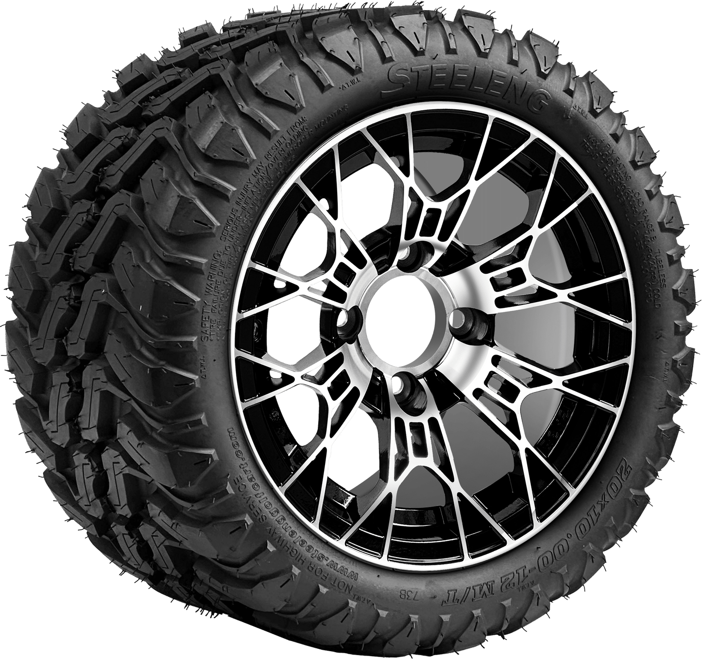 12″ PTP EXCLUSIVE GOLF CARTVTarantula Machined/Black Wheel – Aluminum Alloy / STEELENG 20″x10″-12″ Mud Terrain Tire