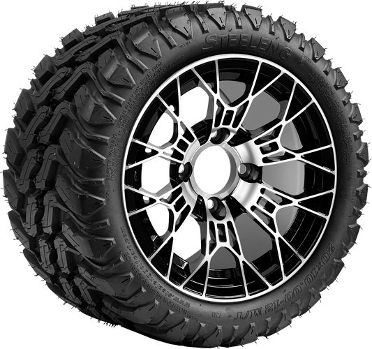 12″ PTP EXCLUSIVE GOLF CARTVTarantula Machined/Black Wheel – Aluminum Alloy / STEELENG 20″x10″-12″ Mud Terrain Tire