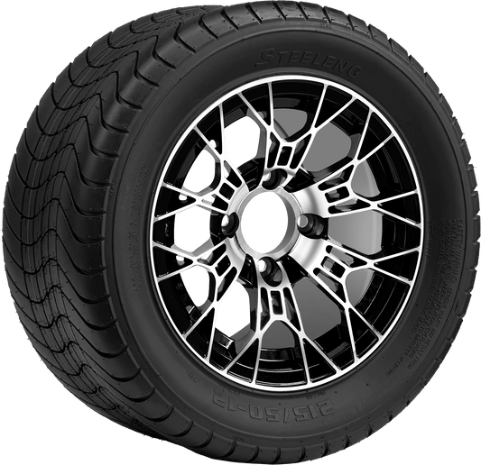 12″  PTP EXCLUSIVE GOLF CART Tarantula Machined/Black Wheel – Aluminum Alloy / STEELENG 215/50-12 Comfort Ride Street Tire DOT Approved