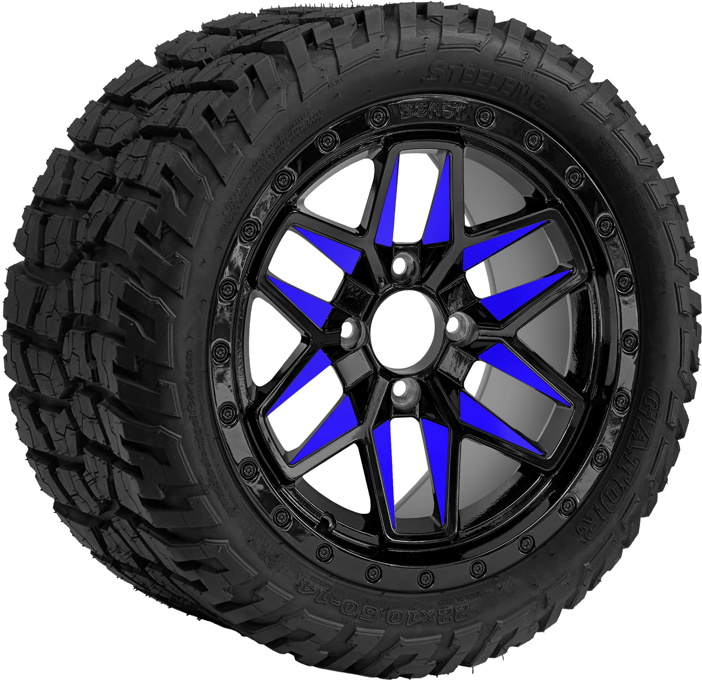 14″PTP EXCLUSIVE GOLF CART Blue Widow Wheel – Aluminum Alloy / STEELENG 22″x10.5″-14″ GATOR All Terrain DOT Approved