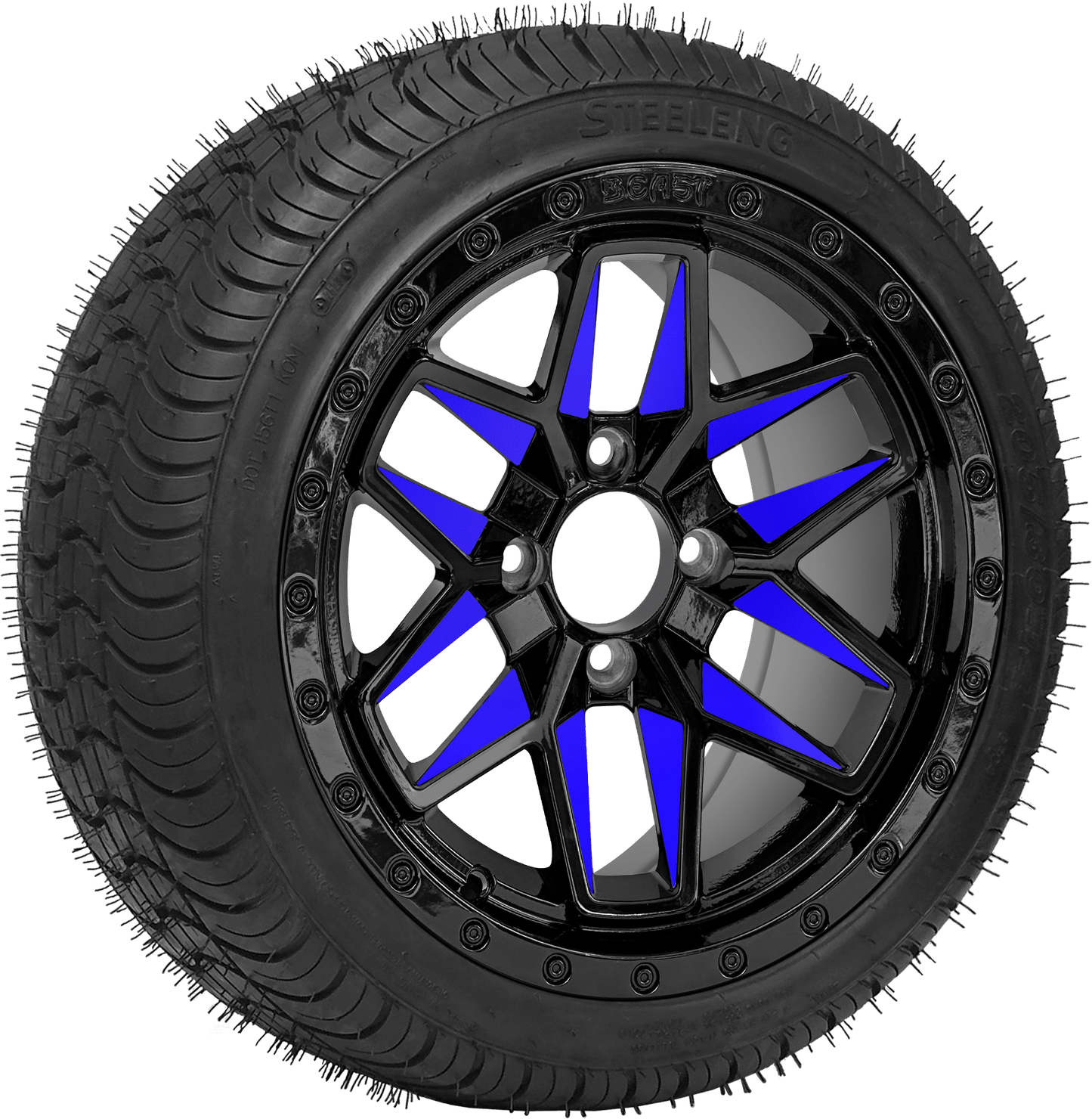 14″PTP EXCLUSIVE GOLF CART Blue Widow Wheel – Aluminum Alloy / STEELENG 205/30-14 QH Low Profile Tire DOT Approved