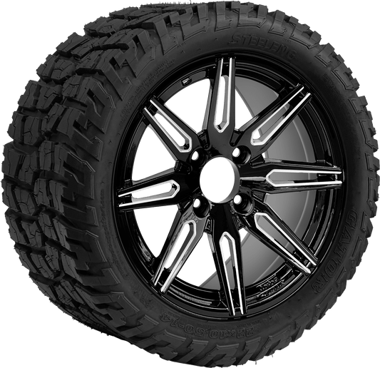 14 INCH GOLF CART WHEEL AND TIRE SET OF 4 BNDL-TR1401-WH1438-LN0001-CC0025 – SGC 14″ Lynx Machined Black Wheel – Aluminum Alloy / STEELENG 22″x10.5″-14″ GATOR All Terrain DOT Approved