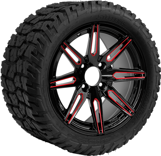 14″ PTP EXCLUSIVE GOLF CART Lynx Red/Black Wheel – Aluminum Alloy / STEELENG 22″x10.5″-14″ GATOR All Terrain DOT Approved