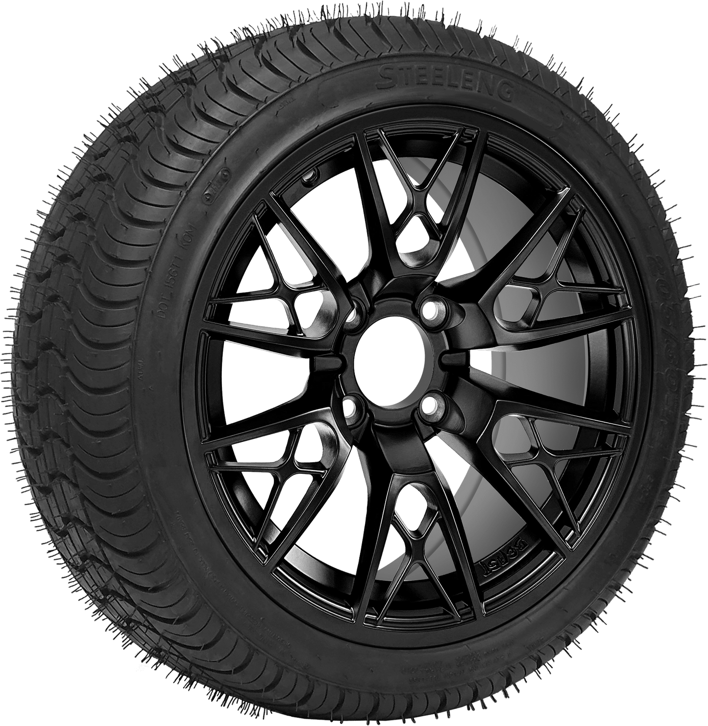 14"PTP EXCLUSIVE GOLF CART Saber Tooth Glossy Black Wheel / STEELENG 205/30-14 Low Profile Tire DOT Approved