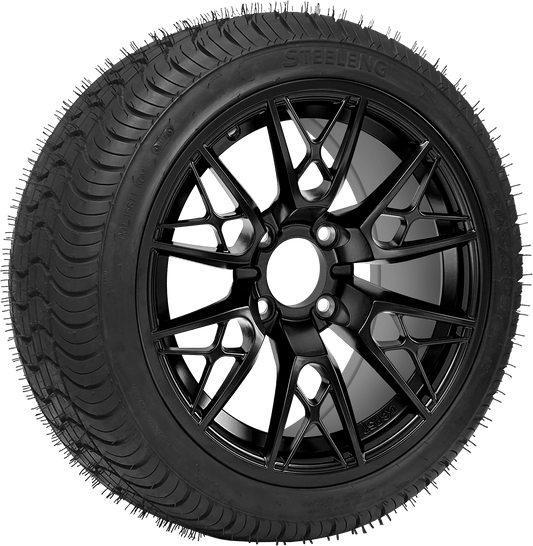 14"PTP EXCLUSIVE GOLF CART Saber Tooth Glossy Black Wheel / STEELENG 205/30-14 Low Profile Tire DOT Approved