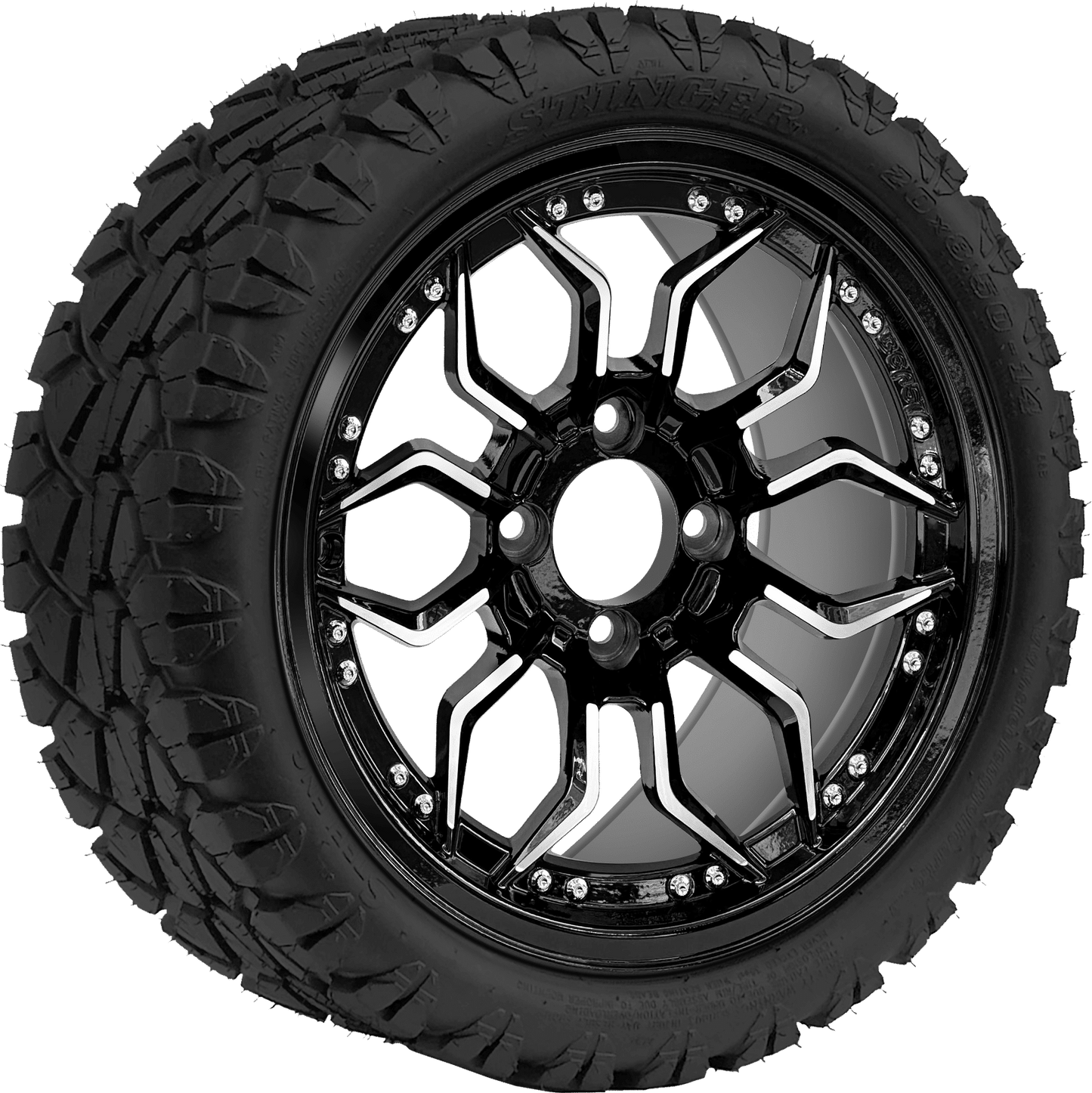 14"GOLFCART EXCLUSIVE PTP Scorpion Machined Black Wheel - Aluminum Alloy / STEELENG 20"x8.5"-14" STINGER AT Tire DOT Approved