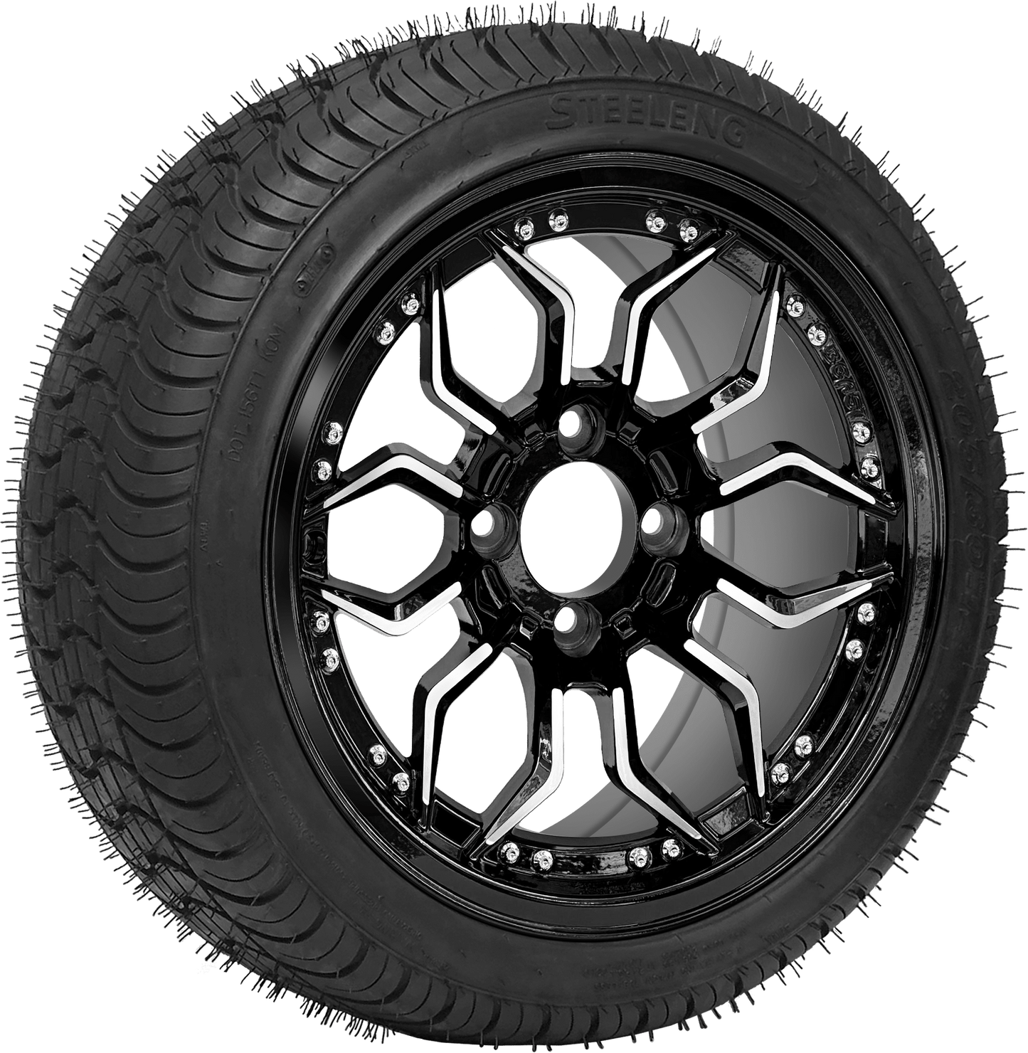 14"PTP EXCLUSIVE GOLF CART  Scorpion Machined Black Wheel / STEELENG 205/30-14 Low Profile Tire DOT Approved