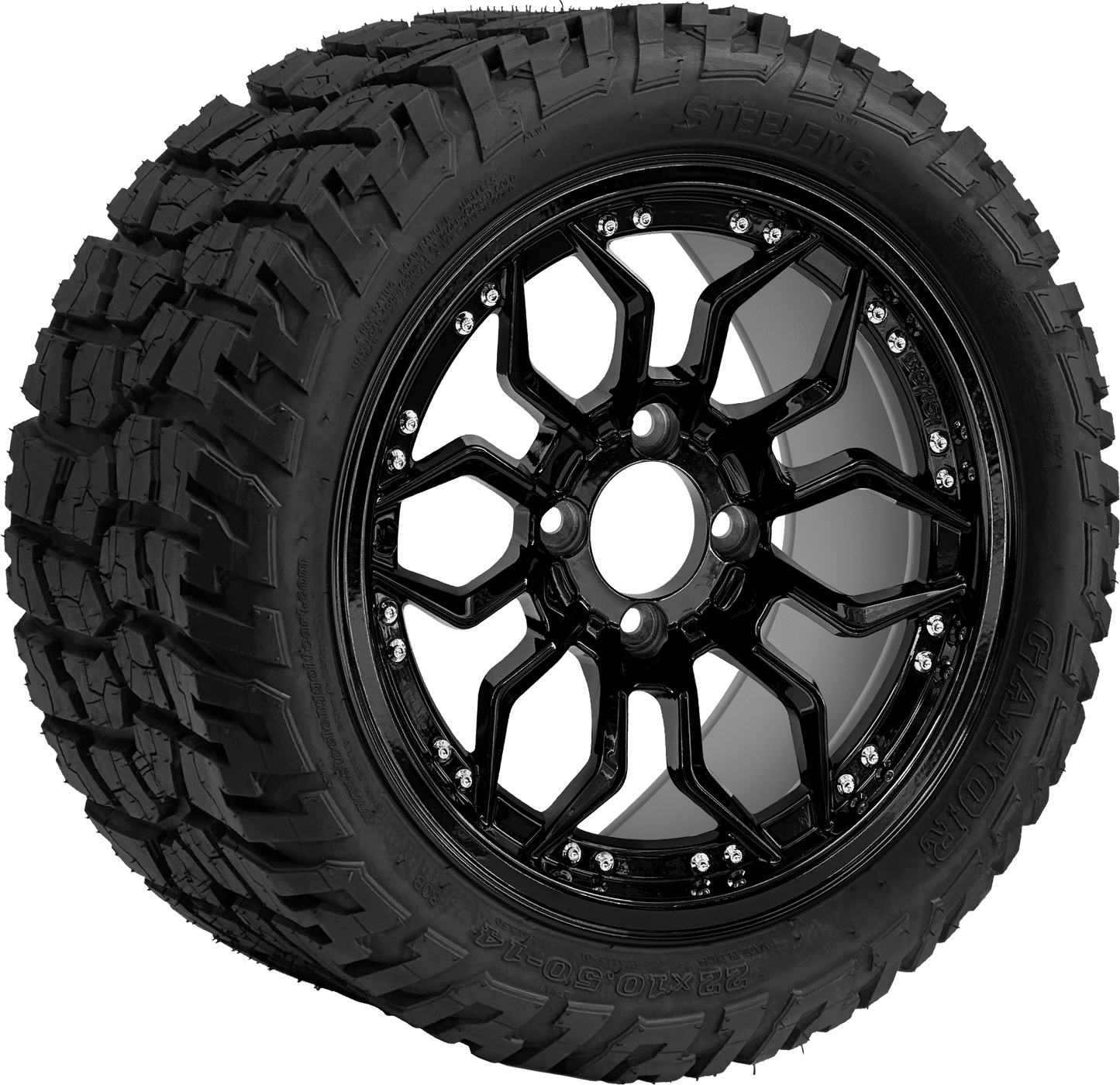 14" GOLF CART Scorpion Glossy Black Wheel - Aluminum Alloy / STEELENG 22"x10.5"-14" GATOR All Terrain DOT Approved