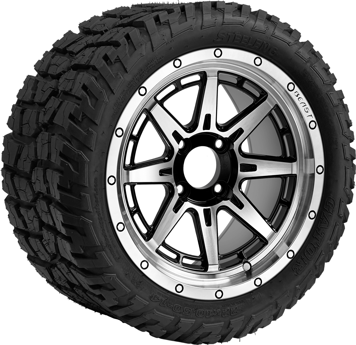 14″ PTP EXCLUSIVE GOLF CART Wolverine Machined Black Wheel – Aluminum Alloy / STEELENG 22″x10.5″-14″ GATOR All Terrain DOT Approved
