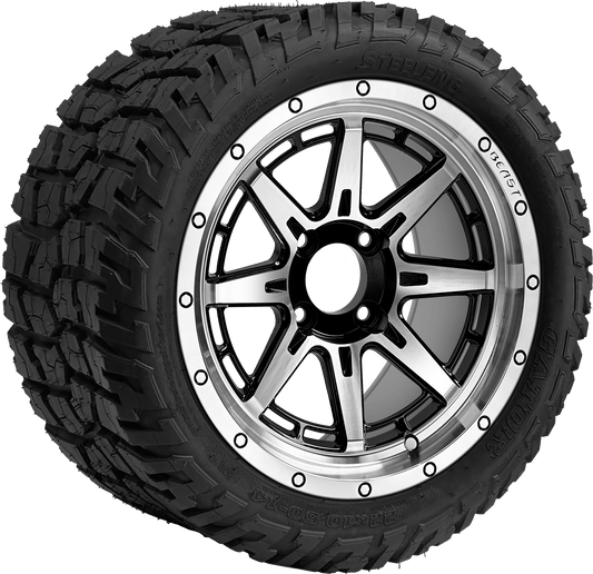 14″ PTP EXCLUSIVE GOLF CART Wolverine Machined Black Wheel – Aluminum Alloy / STEELENG 22″x10.5″-14″ GATOR All Terrain DOT Approved