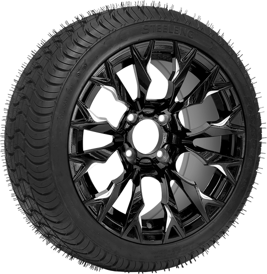 14" PTP EXCLUSIVE GOLF CART Scorpion Glossy Black Wheel / STEELENG 205/30-14 Low Profile Tire DOT Approved