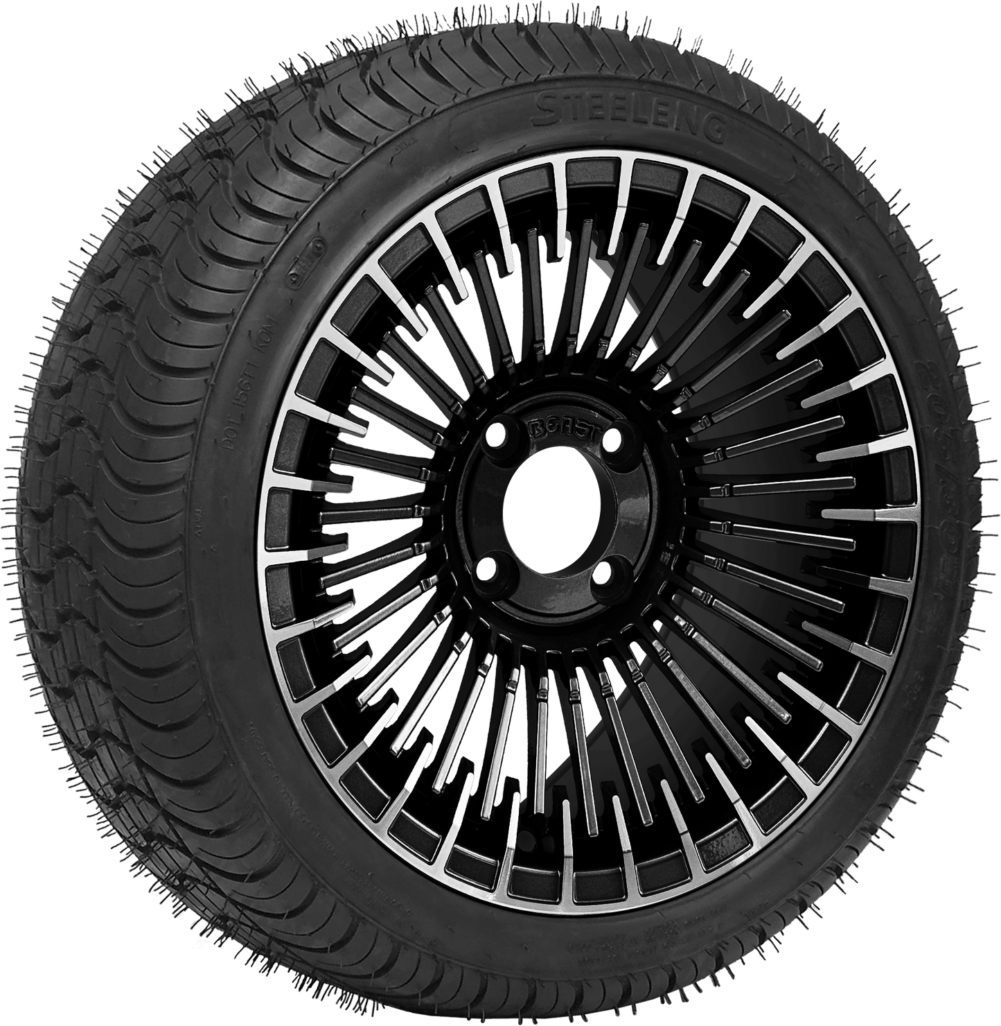 14″PTP EXCLUSIVE GOLF CART Piranha Machined Black Wheel – Aluminum Alloy / STEELENG 205/30-14 QH Low Profile Tire DOT Approved