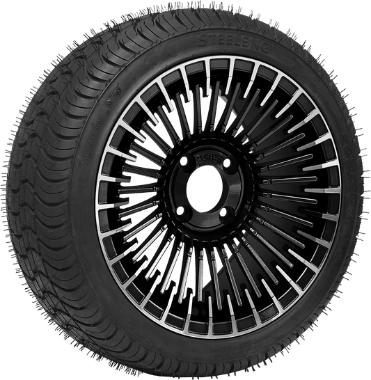 14″PTP EXCLUSIVE GOLF CART Piranha Machined Black Wheel – Aluminum Alloy / STEELENG 205/30-14 QH Low Profile Tire DOT Approved