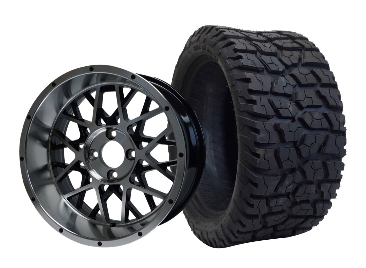 GOLF CART WHEEL AND TIRE SET of 4 15″ Machined/Black Aluminum Alloy Wheel