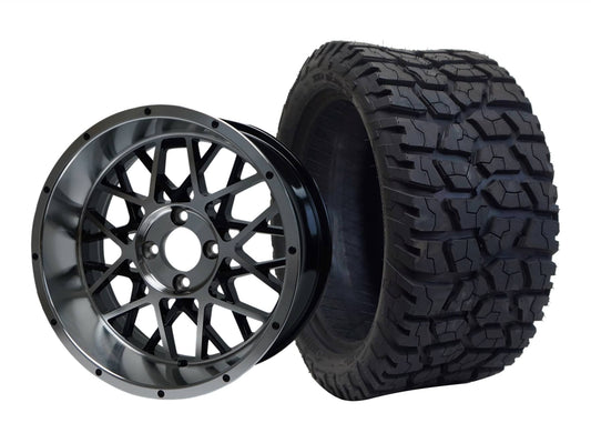 GOLF CART WHEEL AND TIRE SET of 4 15″ Machined/Black Aluminum Alloy Wheel