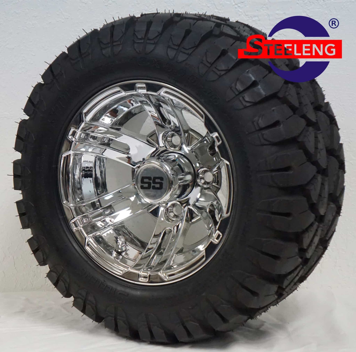 GOLF CART WHEEL AND TIRES SET of 4. BNDL-TR1004-WH1002-CC0001-LN0001 BNDL-TR1004-WH1002-LN0001-CC0001 – SGC 10″ Bulldog Chrome Wheel – Aluminum Alloy / STEELENG 18″x9″-10″ STINGER All Terrain Tire DOT approved